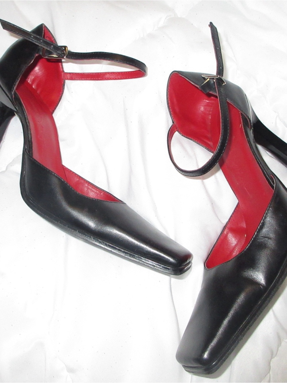 Vintage Black Leather Ankle-Strap Pumps with Red Lining